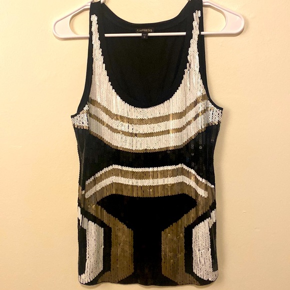Express Tops - Small Express Gold White Black Geometric Pattern Sequin Sleeveless Top